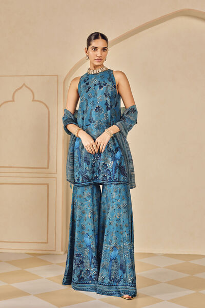 Avis Printed Silk Sharara Set - Blue